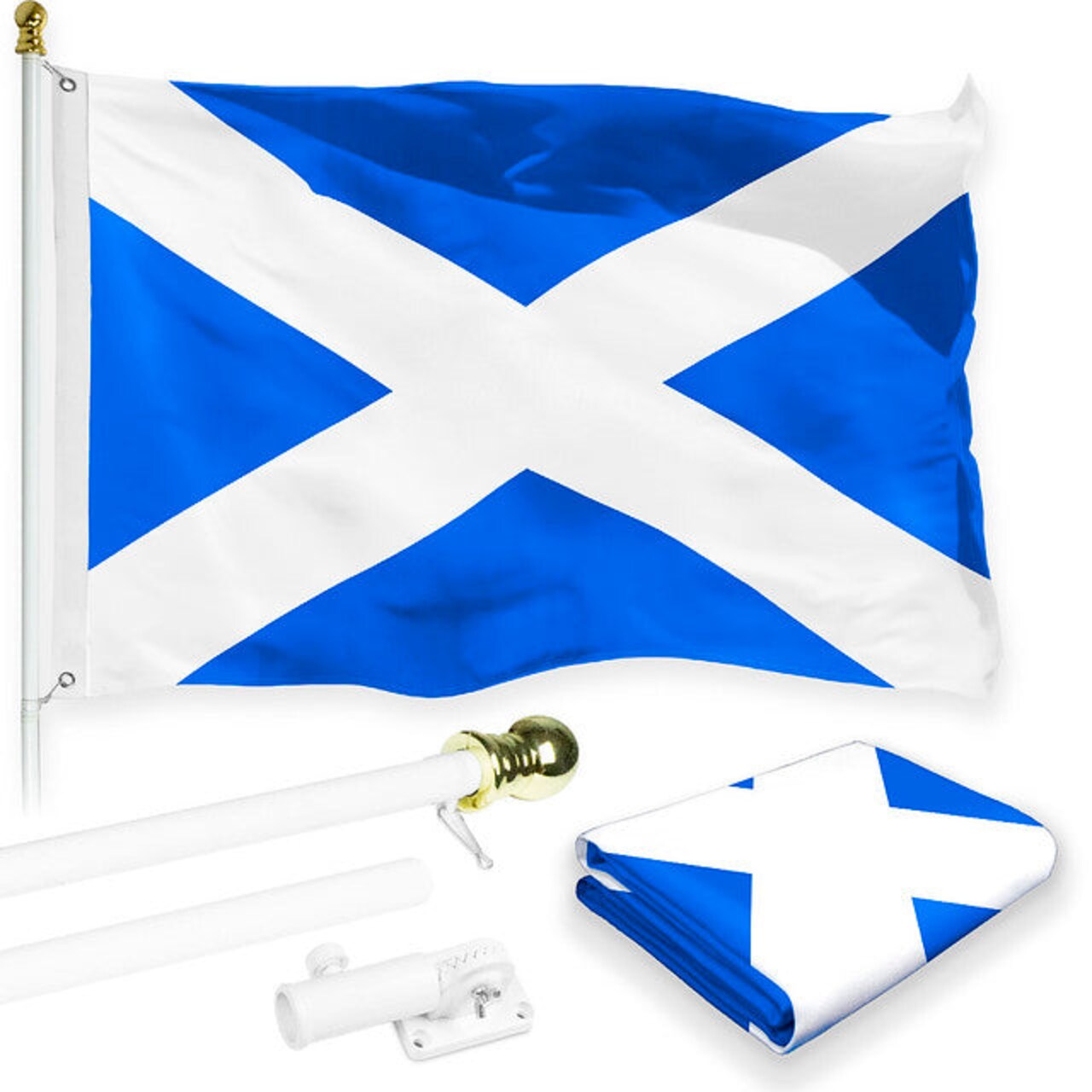 G128 Combo Pack: 6 Feet Tangle Free Spinning Flagpole (White) Scotland Scottish Flag 3x5 ft Printed 150D Brass Grommets (Flag Included) Aluminum Flag Pole